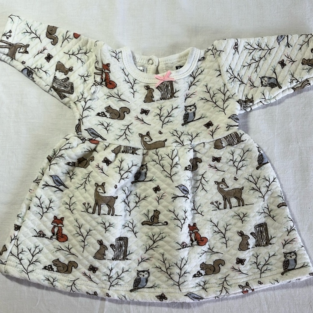 0-3M HB quilted woodland creatures dress